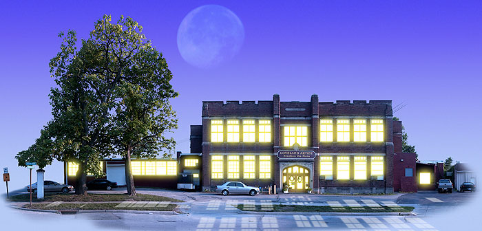 the imposing facade of the Loveland Art Studios on Main